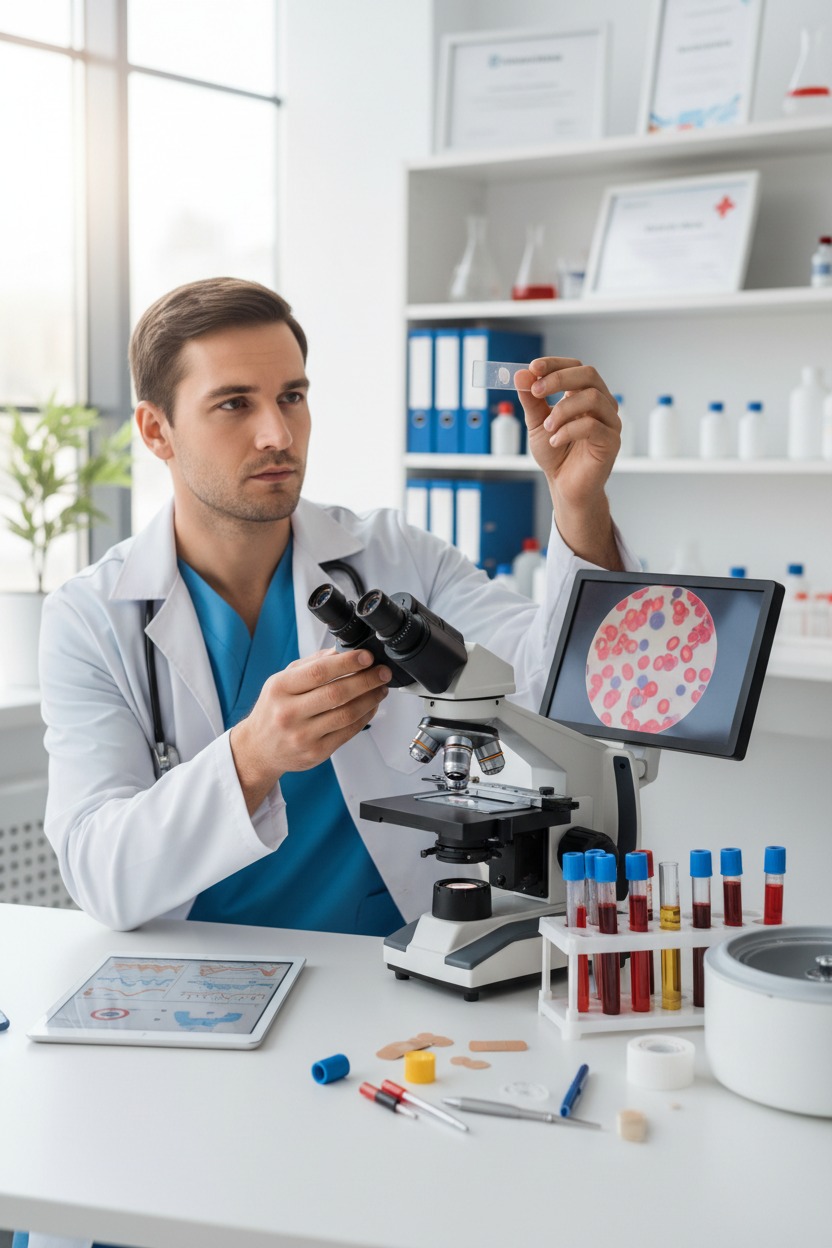 Un ricercatore in camice bianco esamina un vetrino in laboratorio con un microscopio collegato a un monitor che mostra un campione di sangue.