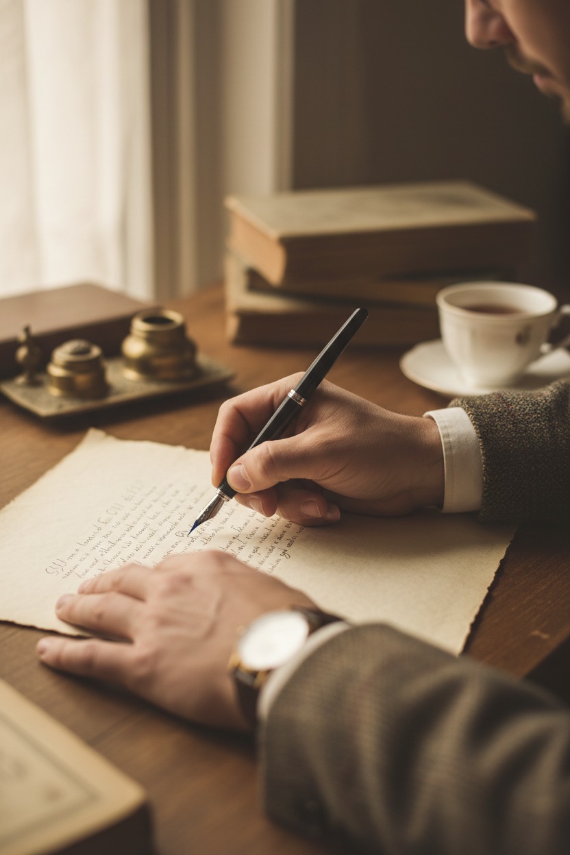 Una persona scrive con una penna stilografica su un foglio di carta antica appoggiato su una scrivania in legno.